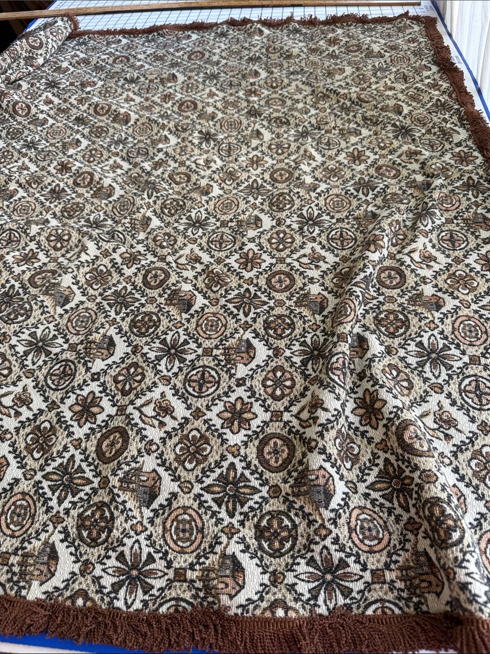 Vintage Folk Art Jacquard Woven Throw Lap Blanket Barn Floral Fringe 50x40